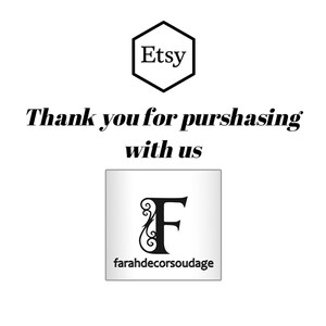 Puede incluir: Gracias por tu compra. Logotipo de Etsy y el texto "farahdecorsoudage" con una letra F estilizada.