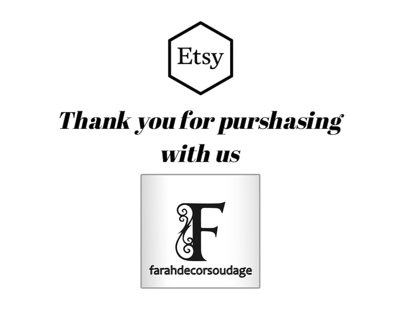 Puede incluir: Gracias por tu compra. Logotipo de Etsy y el texto "farahdecorsoudage" con una letra F estilizada.