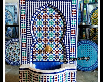 Moroccan Tile Fountain , Moroccan Mosaic Fountain , Wall mosaic fountain , Garden wall water fountain .