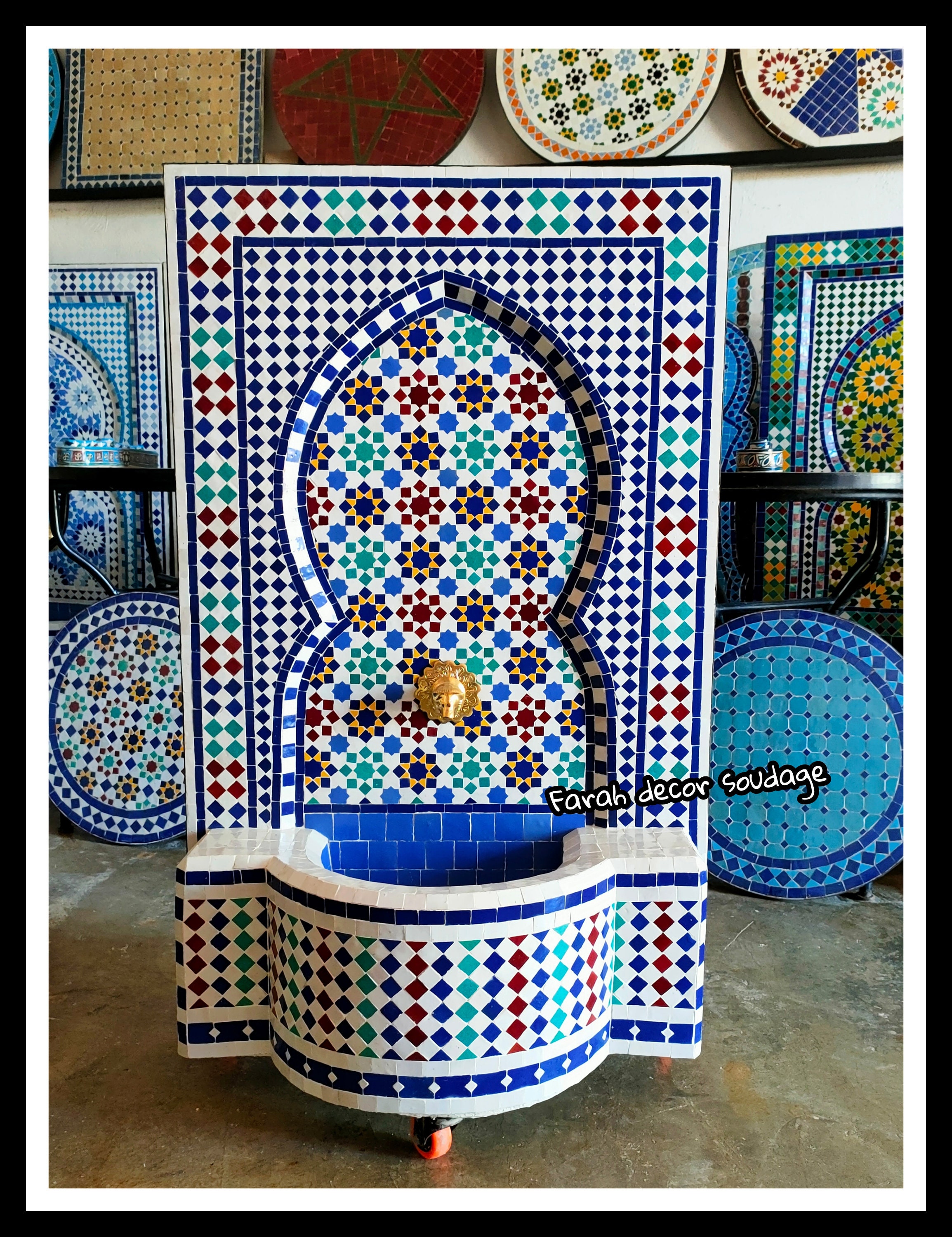 Multi-Color Moroccan Mosaic Tile Water Fountain with an Arch Top