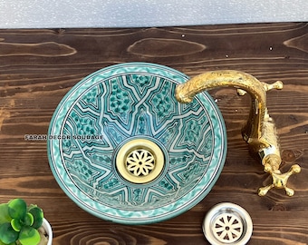 Green Moroccan Ceramic Vessel Sink: Hand-Painted Pottery Washbasin - Ceramic Basin with Brass Drain Included