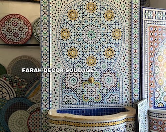 Garden fountain mosaic , Moroccan Mosaic Tile Fountain , Moroccan Mosaic Fountain , Wall mosaic fountain , Garden and Indoor Decor .