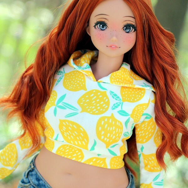 OOAK Clothing to fit Smart Doll Pear Girl - The Erin Crop Hoodie in Lemons Print - Fits BJD 1/3