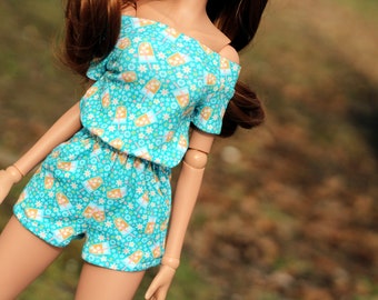 Clothing to fit Smart Dolls CLASSIC Girl - Gloria Romper in Iced Coffee on Turquoise - Fits BJD 1/3 Scale Dolls