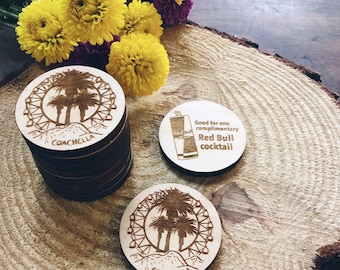 150 Custom Engraved Round Wood Tokens | Single or Double Sided | Drink Tokens | Personalized Text and Logo | No Design Fees