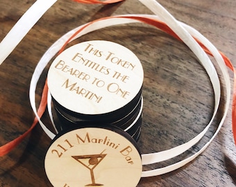 100 Custom Engraved Wood Tokens | Personalized Free Drink Chips & Bar Coins