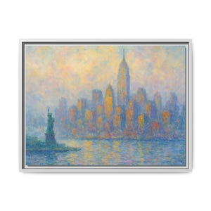 NYC in Fog Cityscape Framed Canvas Print Wall Decor, Home Decoration, Office Art, Gift for Art Lovers, Colorful Landscape