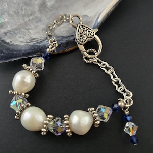 Baroque Pearl & Crystal Bracelet: Silver Stainless Steel Chain