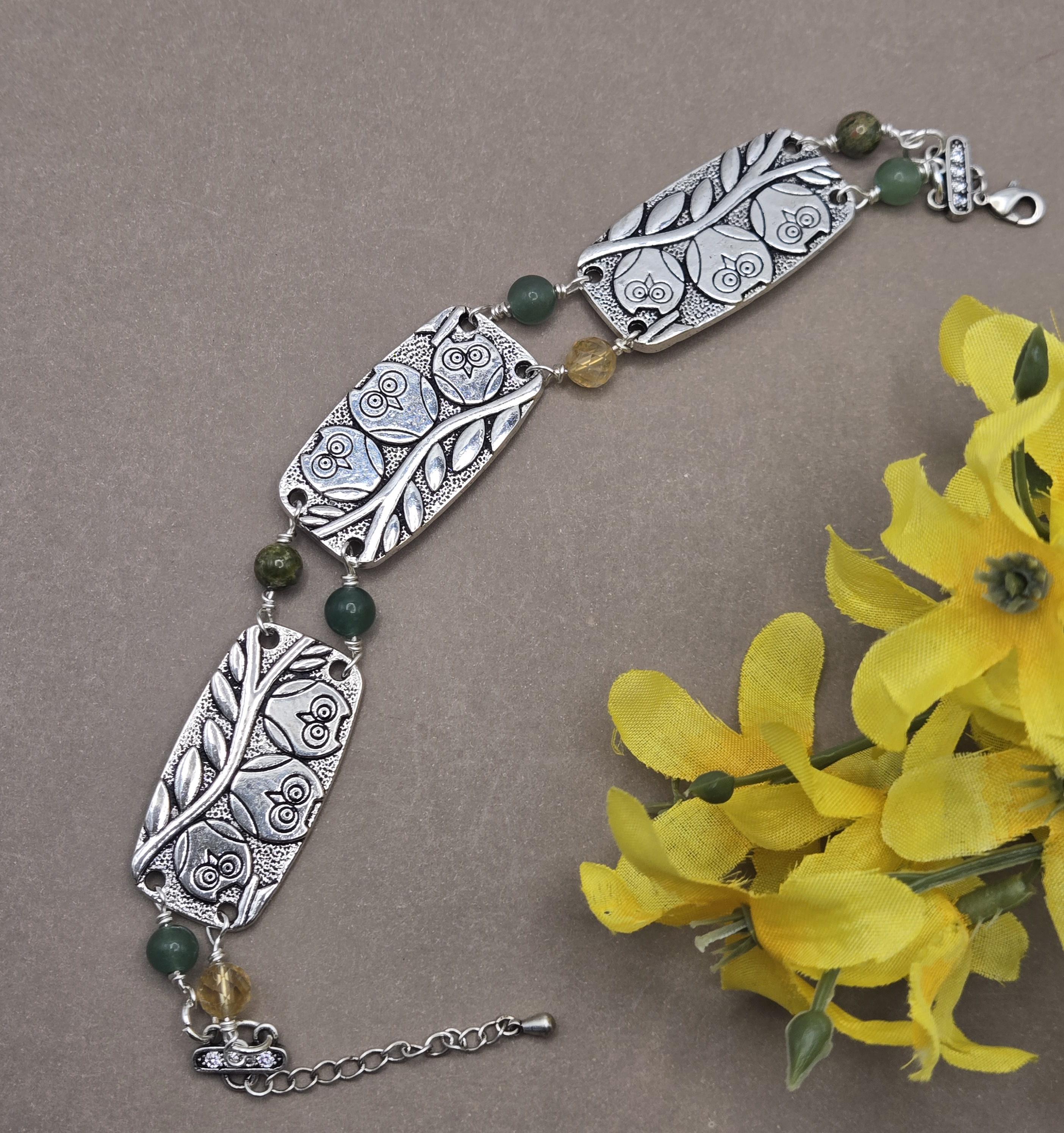 Silver Owl Bead bracelet; Green Aventurine, Jasper, Citrine