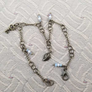 Bronze Charm Anklet: Crystal Beads, Leaf & Key Dangles