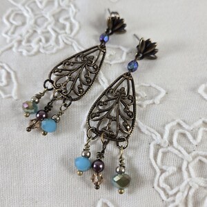 Bronze Filigree Teardrop Earrings: Turquoise Crystal & Glass Beads