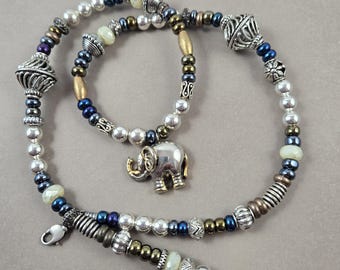 Silver Elephant Pendant Necklace: Bronze, Brass & Glass Beads