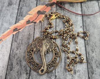 Elephant Pendant Necklace: Brass, Long, Czech Glass Bead Chain