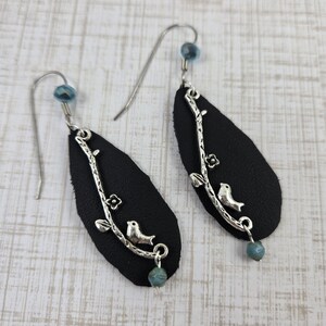 Leather Bird Dangle Earrings: Silver Branch, Turquoise Accents