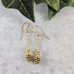 May include: A pair of gold dangle earrings with small, detailed pine cone charms.