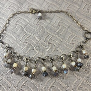 Labradorite Choker Necklace: Cream Glass Beads, Brass Chain