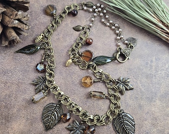 Fall Charm Necklace: Bronze Leaves, Czech Glass Beads, Pinecone charms