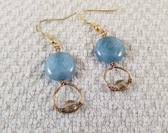 Aquamarine dangle earrings on gold French hook ear wires with Czech crystals