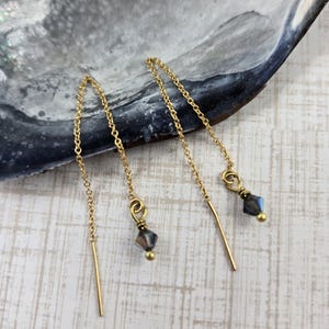 Black crystal threader gold earrings with Swarovski Graphite AB crystal dangle on fine 14kt gold plated chain and ear wire