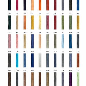 May include: A chart of 30 different colored embroidery floss spools, numbered 58 through 131. The floss is wound around each spool.
