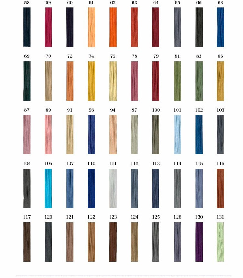 May include: A chart of 30 different colored embroidery floss spools, numbered 58 through 131. The floss is wound around each spool.