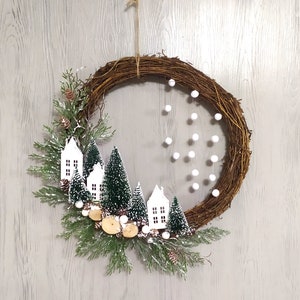 Snowy Christmas Wreath with Wooden Houses, Winter Holiday Decor