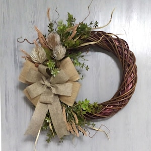 Burlap bow wreath/Autumn wreath/front door wreath/fall decor/round year wreath/handmade wreath
