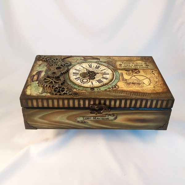 Steampunk watch box/men's gift/mixed media art/anniversary gift/8 compartments