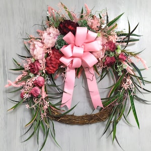 Large summer wreath/artificial wreath/summer wreath with pink bow/occasional wreath/front door decoration