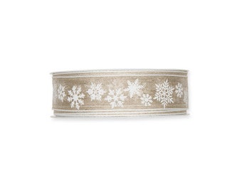 Natural Linen Colour 25mm Wide Ribbon White Snowflake Motif 15m Roll