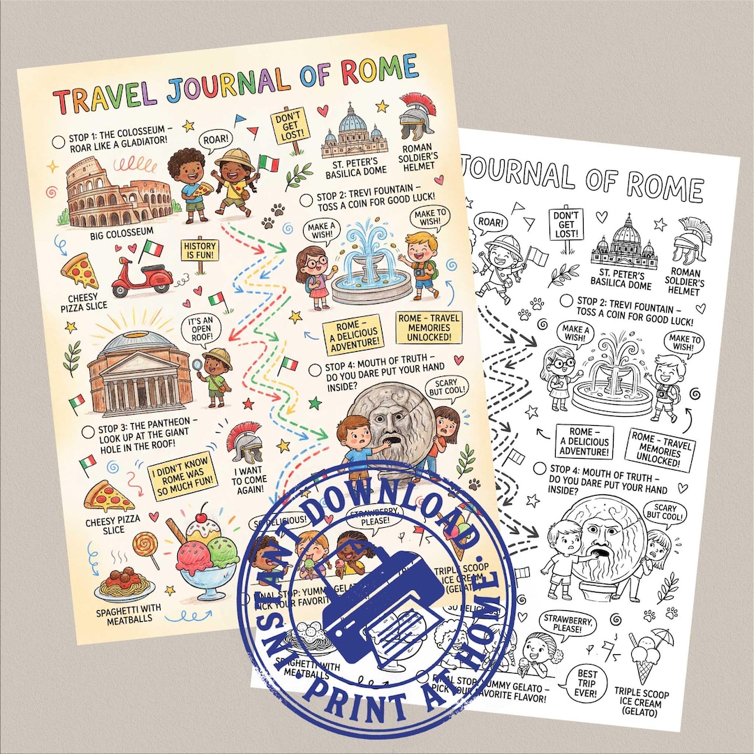 Rome Travel Journal for Kids Printable Coloring Page, Vacation Activity ...
