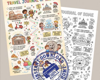 May include: Two illustrated travel journals of Rome. One is in color, the other is a black and white outline for coloring. The colorful journal features cartoon illustrations of landmarks, food, and activities, with text like "Travel Journal of Rome".