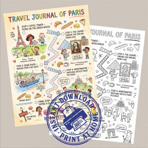 May include: Two illustrated travel journals of Paris. One is in color, the other in black and white. The color journal features landmarks like the Eiffel Tower and the Louvre, with cartoon figures. The black and white journal is a coloring page.