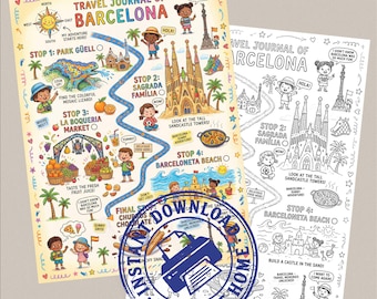 Barcelona Reisetagebuch für Kinder zum Ausdrucken, Ausmalseite, Urlaubsaktivität, Stadtführer Schnitzeljagd, Geographie für Schule, PDF