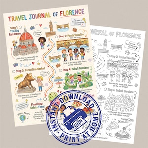 May include: Two illustrated travel journals of Florence. One is colored, the other is a black and white outline. The colored journal features a map with landmarks like the Duomo and Ponte Vecchio, and the text "TRAVEL JOURNAL OF FLORENCE". A stamp reads "INSTANT DOWNLOAD PRINT AT HOME".