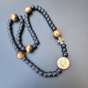 Five decade rosary bracelet for man ,whole rosary bracelet with black matte beads, full rosary beads bracelet, Black rosary with two circles