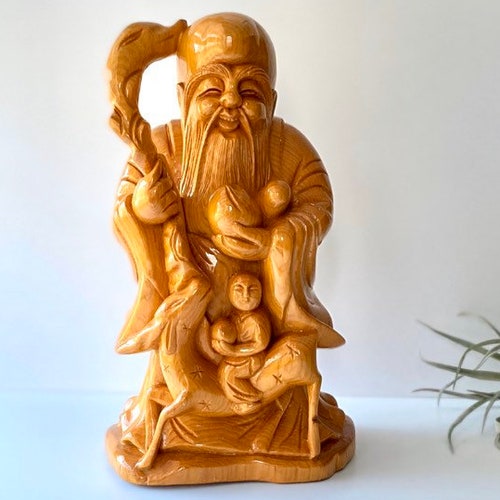 Vintage large wooden hand carved buddha statue, spiritual buddhist buddhism shops figurine, religious statuary