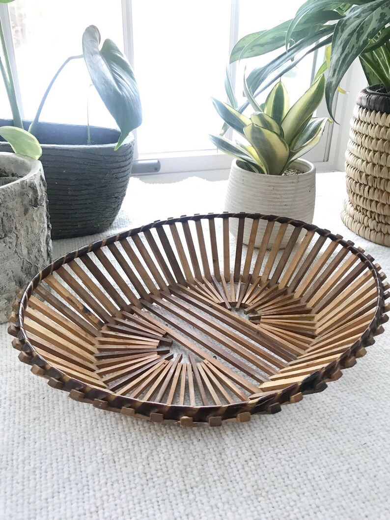 Large Oblong Wooden Dowel Decorative Display Basket Bowl Wooden Fruit Bowl Boho Bohemian Basket