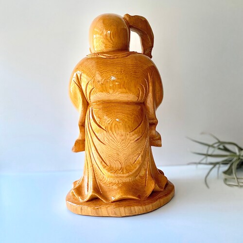 Vintage large wooden hand carved buddha statue, spiritual buddhist buddhism shops figurine, religious statuary
