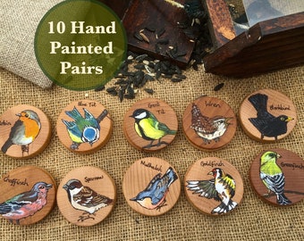 Wild Garden Birds wooden Memory Game, British Birds matching pairs tiles, Wildlife heirloom quality toy, Forest school and Waldorf play set.