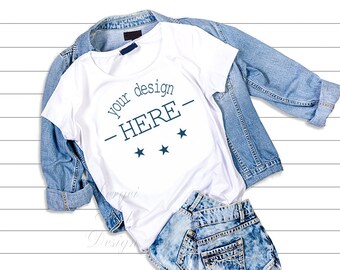 Download White T-Shirt Mockup Template Bella Canvas 3001, White T-shirt on a Jeans Jacket Unisex Mock Up ...
