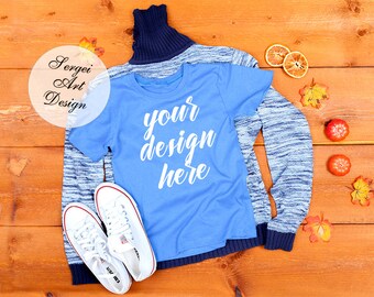 Download Free T-Shirt Mockup, Blue T-Shirt on the Warm Sweater, JPG Autumn Mock Up, Instant Download, Halloween Mock-Up PSD Template
