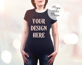 Download Blank Black T-Shirt Mockup, Short Sleeve Black Women's T-Shirt, Apparel Display, Fashion Design ...