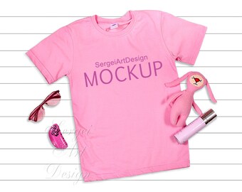 Download Free Bella Canvas 3001Y Pink Unisex T-Shirt Mockup, T-Shirt Styled Flat Lay, Styled Shirt Mockupm, Mockup Flat Lay, Youth Mockup PSD Template