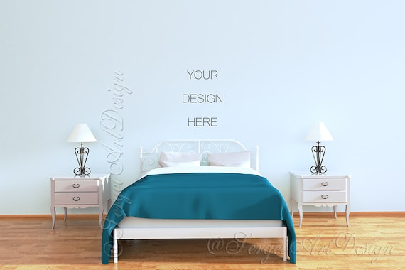 Bedroom Mockup White Bed And Two Nightstands On The