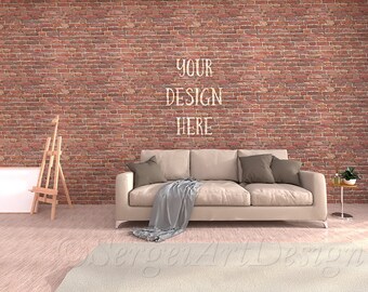 Download Free Living Room Mockup, JPG Mockup Scene, Digital Background, Brick Textures, Wall Decor Mockup, Styled Stock Photo, Interior Stock Photography PSD Template