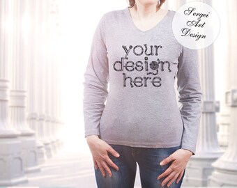 Download Blank Women's Gray T-Shirt Mockup, Long Sleeve Gray T ...
