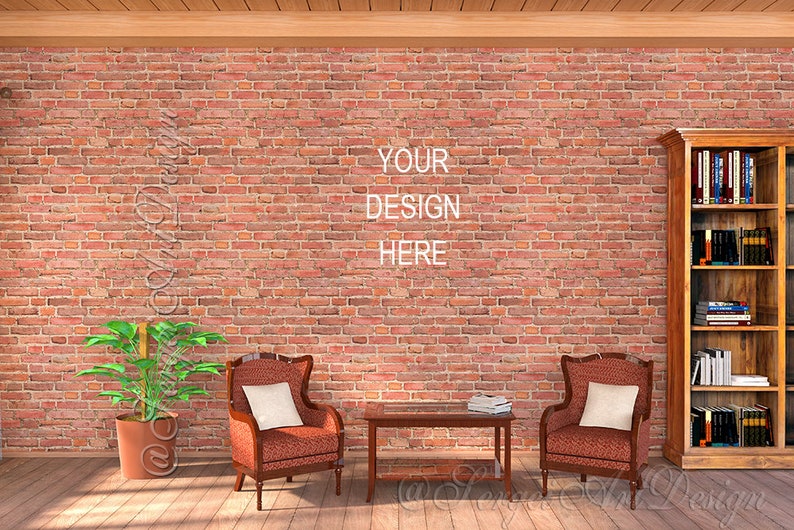 Living Room Interior Mockup Brick Wall Background Digital Blank Decor High Resolution Instant