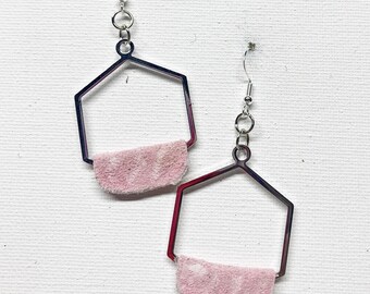 Earrings, Folded Suede Leather, Pink, Sterling Silver Ear Wires, Unisex Jewelry, Gift Ideas