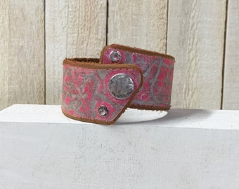 Leather Cuff, Recycled Leather, Offset Style, Handmade, Hand Painted, Distressed, Pink, Metallic Silver, Gender Neutral, Gift Ideas,